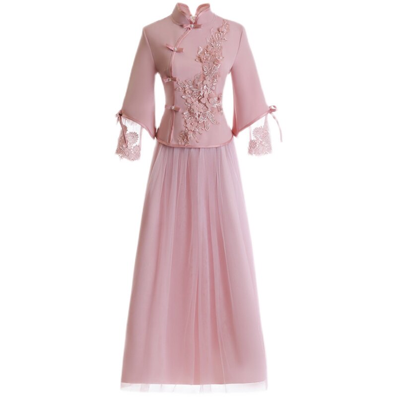 伴娘服2021新款中式新娘伴娘团结婚闺蜜姐妹裙中国风长款春夏礼服