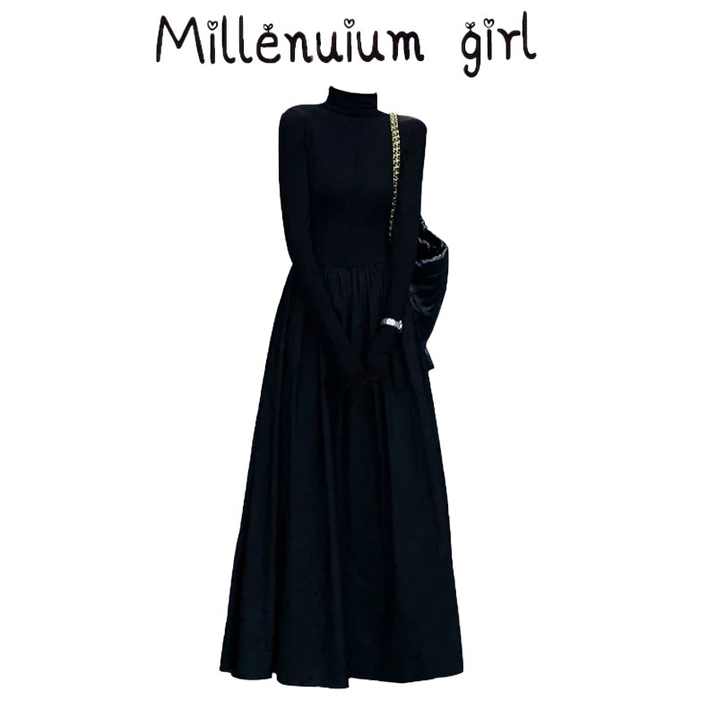 秋冬装2023法式打底长裙御姐风气质女神范内搭针织高领黑色连衣裙