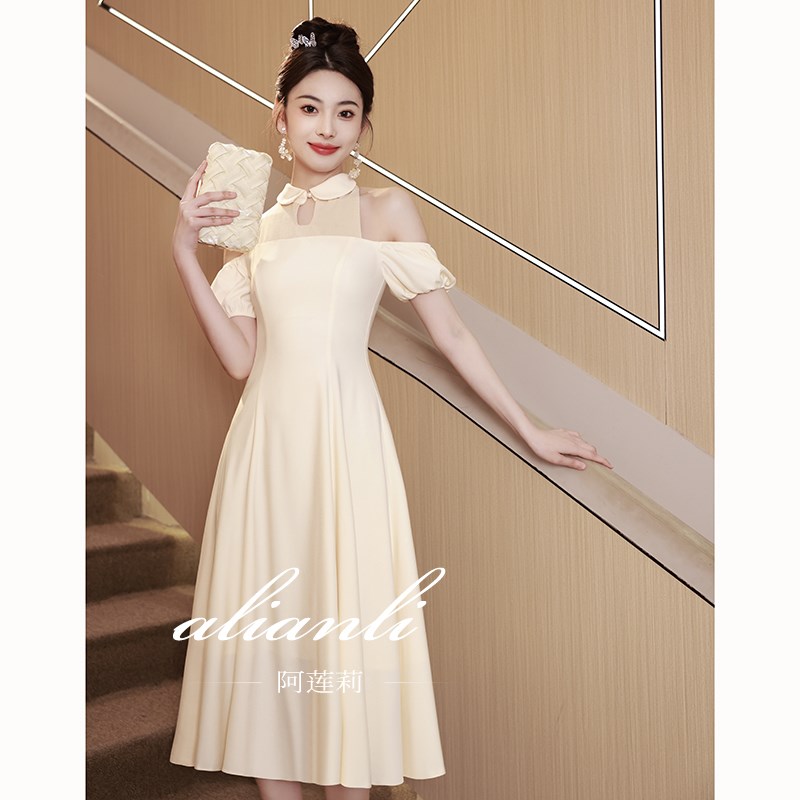 晚礼服女宴会轻奢小众高端小个子主持人新中式伴娘服香槟色连衣裙