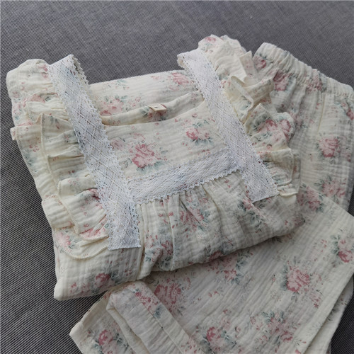 浪漫女睡衣家居服长袖套头方领全棉纱布甜美花边春夏秋薄款田园风