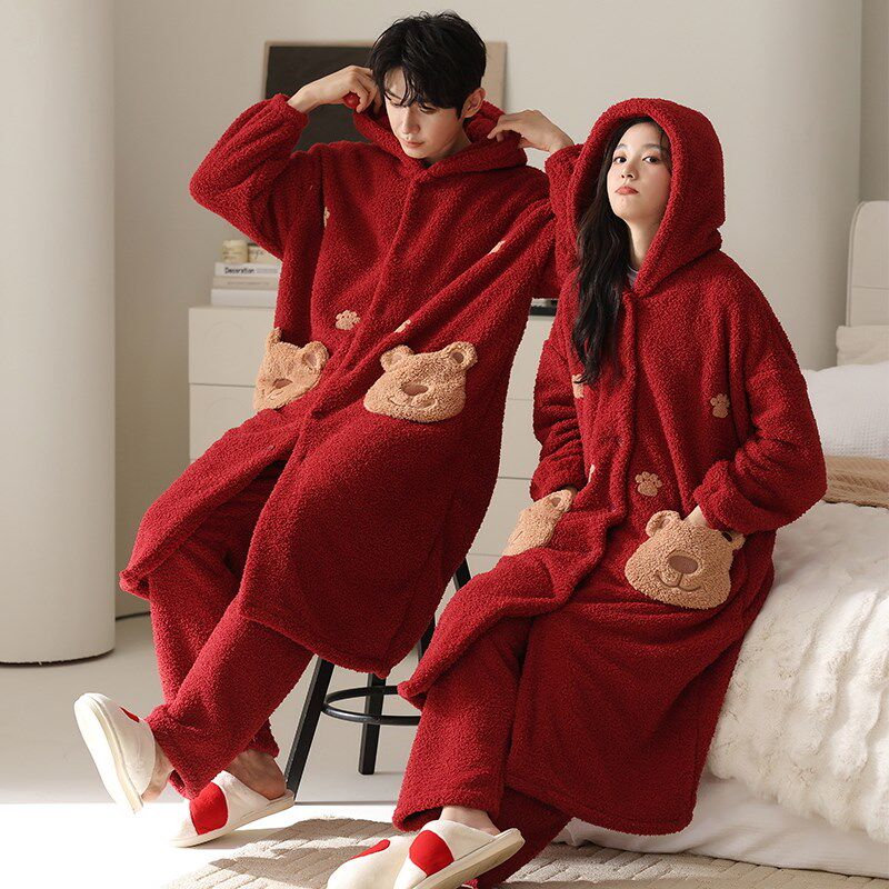 珊瑚绒情侣睡衣红色结婚女秋冬季睡袍加绒男士长款法兰绒浴袍套装