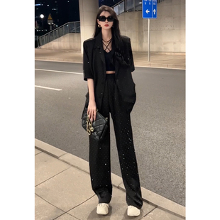 黑色时尚西装套装女2023夏装新款高级感气质短袖薄款阔脚裤两件套