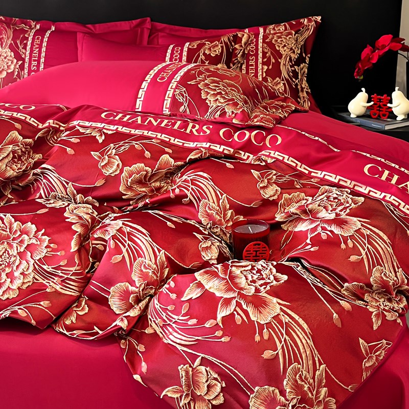 高档结婚四件套大红色婚房喜被床单新婚备婚被套纯棉婚庆床上用品