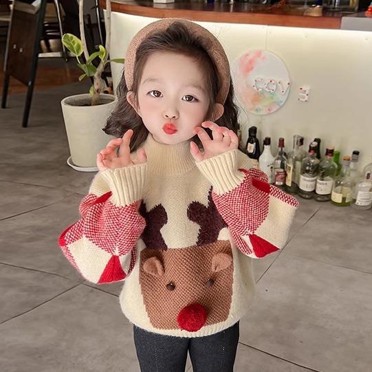儿童加厚保暖秋冬季毛衣中小童洋气针织衫女童安可拉红圣诞节毛衣