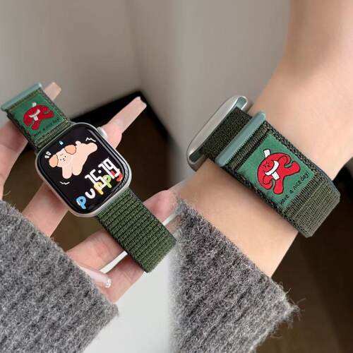 抽象插画尼龙适用苹果S10透气S9/8魔术贴回环iwatch7/6表带SE夏款