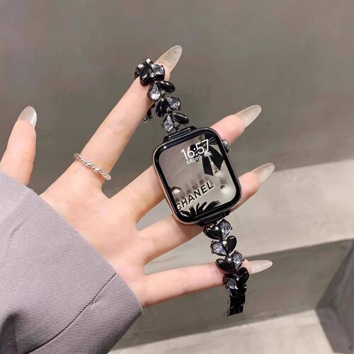 适用iWatch10表带爱心皓石AppleWatchs987金属苹果S11轻奢女腕带