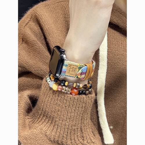秋冬彩色毛呢韩系格纹皮质表带适用苹果手表Applewatch1110987se6