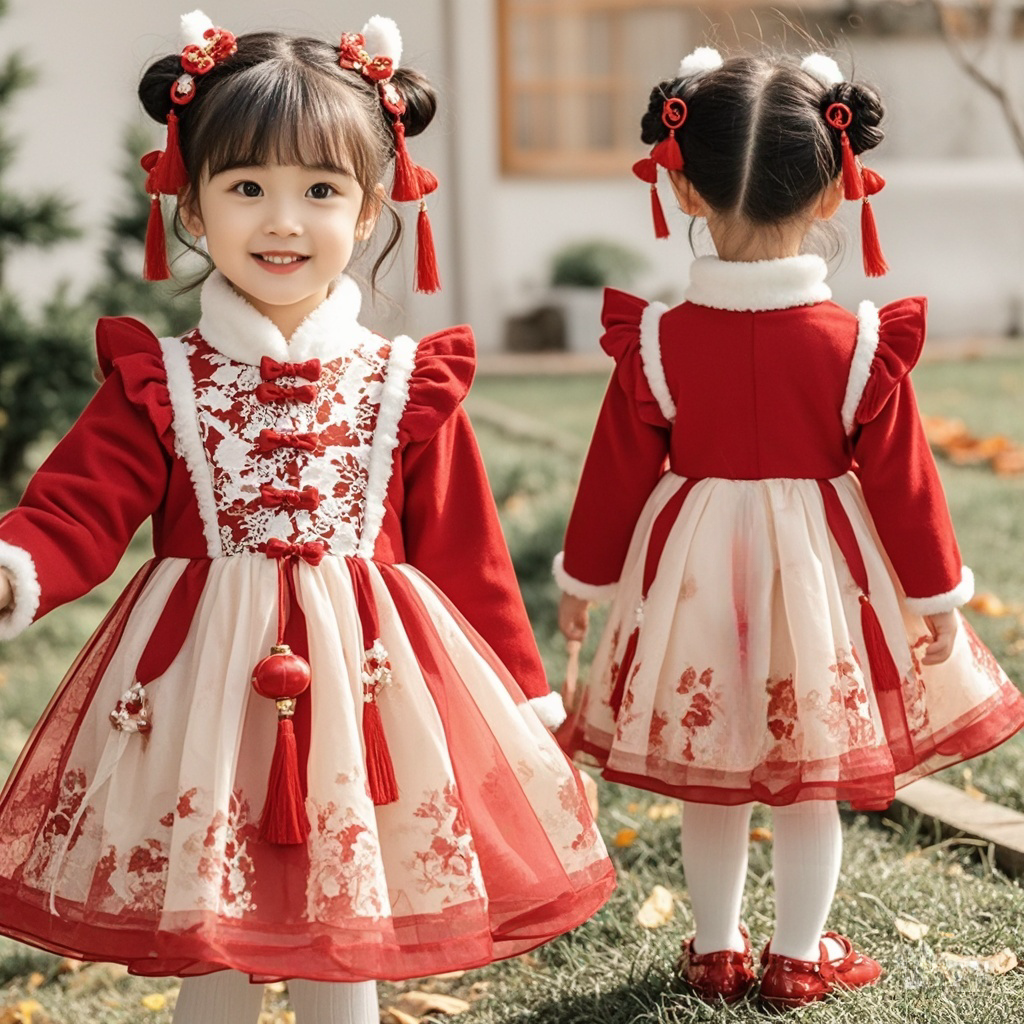 女童2024秋冬公主裙宝宝生日礼服裙儿童洛丽塔蓬蓬裙小女孩拜年服