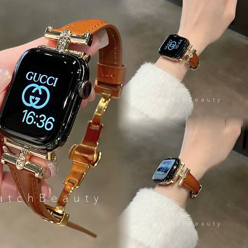 皮质凯旋门镶钻适用oppowatch4Pro表带x2mini蝴蝶扣watch32代高级