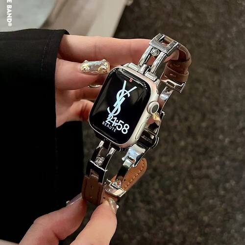 适用于苹果S10ins风滑梯皮质蝴蝶扣表带applewatch7/8/9链条手表