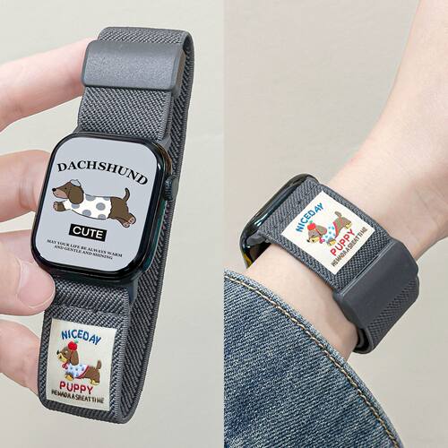 插画腊肠狗oppowatch3/2/X/3pro/4pro手表表带磁吸编织尼龙夏适用