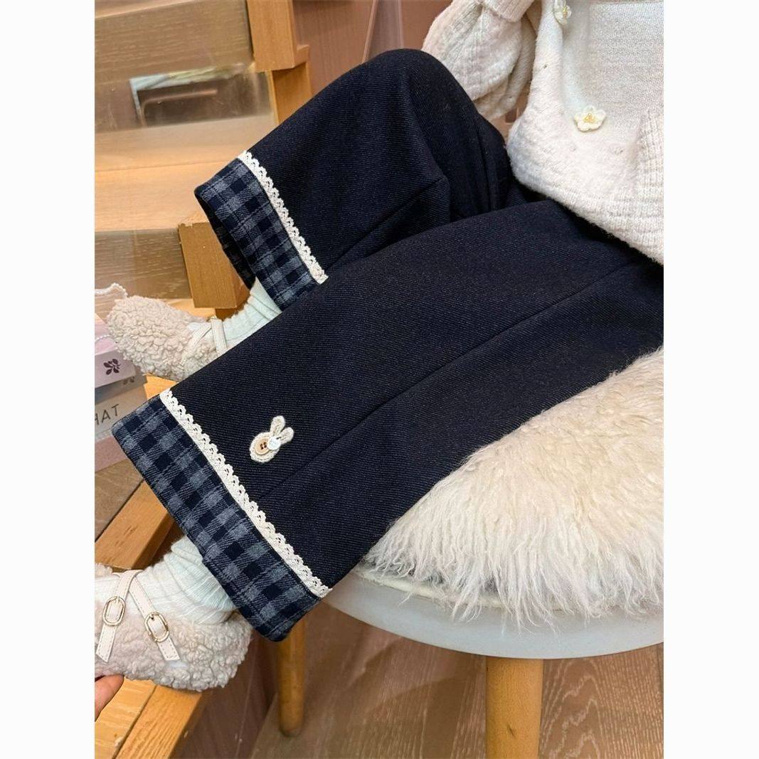 女童秋冬一体绒裤子2025新款儿童加绒加厚牛仔裤女宝休闲直筒长裤