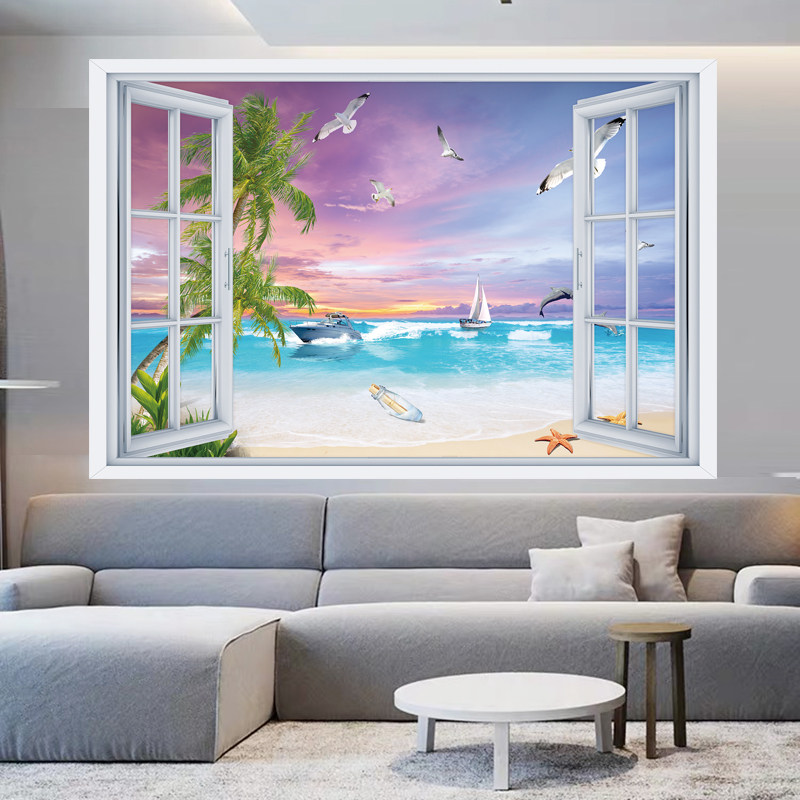 速发墙纸意粘墙贴立体壁画客厅背景墙风景假创自画窗海景画贴纸贴