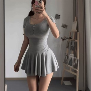 速发微00斤大码夏收蕾妹甜美方领连衣裙季腰芭辣短裙