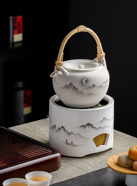 中式手绘b水墨电陶炉煮茶器家用煮茶壶煮茶炉陶烧水壶围炉煮茶泥