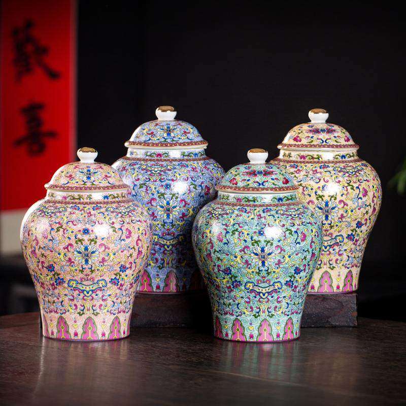 珐琅彩将军罐大号陶瓷密封家用茶叶盒家用防潮普洱存储罐茶叶罐,餐饮具,茶叶罐,淘宝优惠券,粉丝福利购,淘宝优惠卷