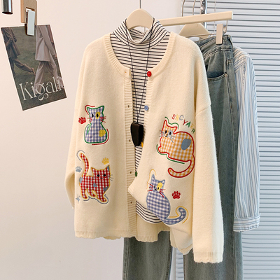 韩系小猫刺绣毛衣外套女秋冬新款大码胖mm宽松慵懒风加厚针织开衫