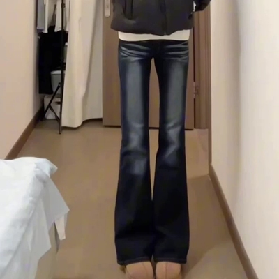 深蓝美式复古微喇裤2025秋季新款低腰显瘦辣妹百搭弹力拖地牛仔裤