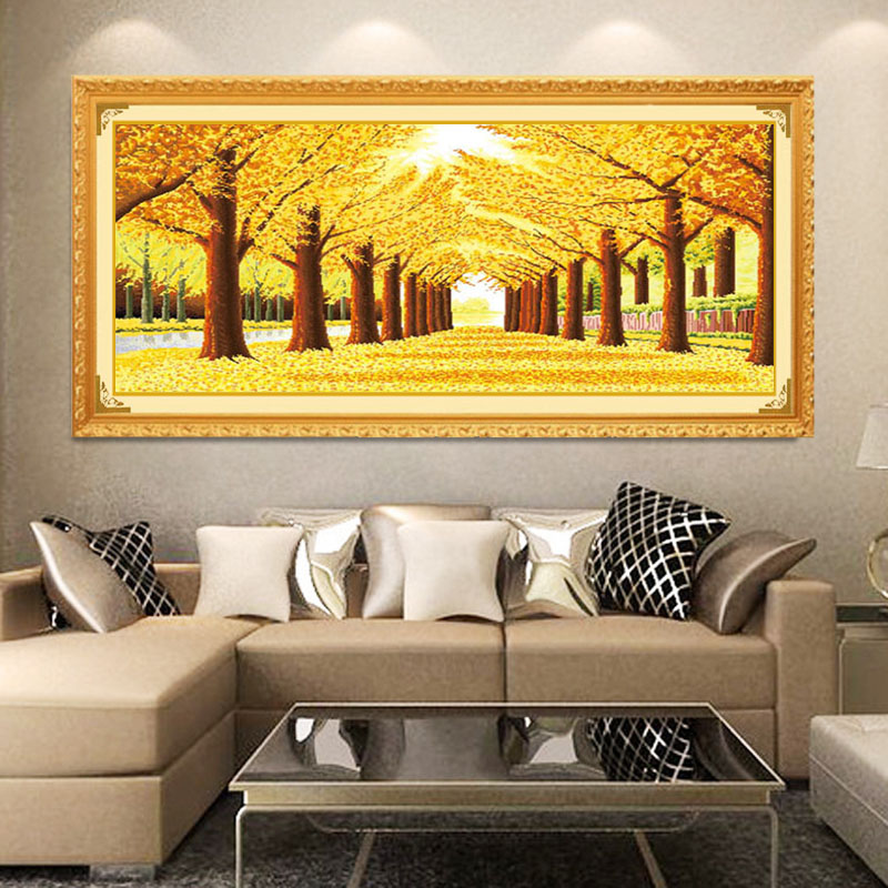 已装裱带框架纯手工绣好的十字绣成品黄金满地全景客厅Y大幅装饰