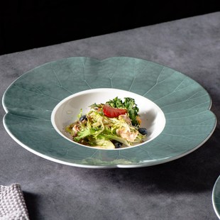 创意中餐深盘特色酒店包厢荷叶摆盘陶瓷J私房菜汤盘意境菜摆盘中