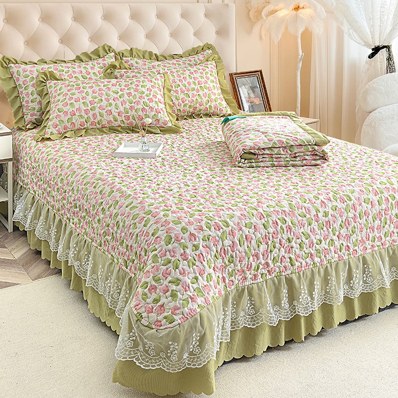 夹棉床盖三件套夏被四o件套防滑加厚床单纯棉空调被全棉可机洗薄