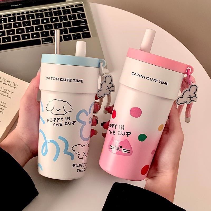 渐变色女生可爱保温杯学生高颜值316不锈钢吸管水杯X子便携咖啡杯