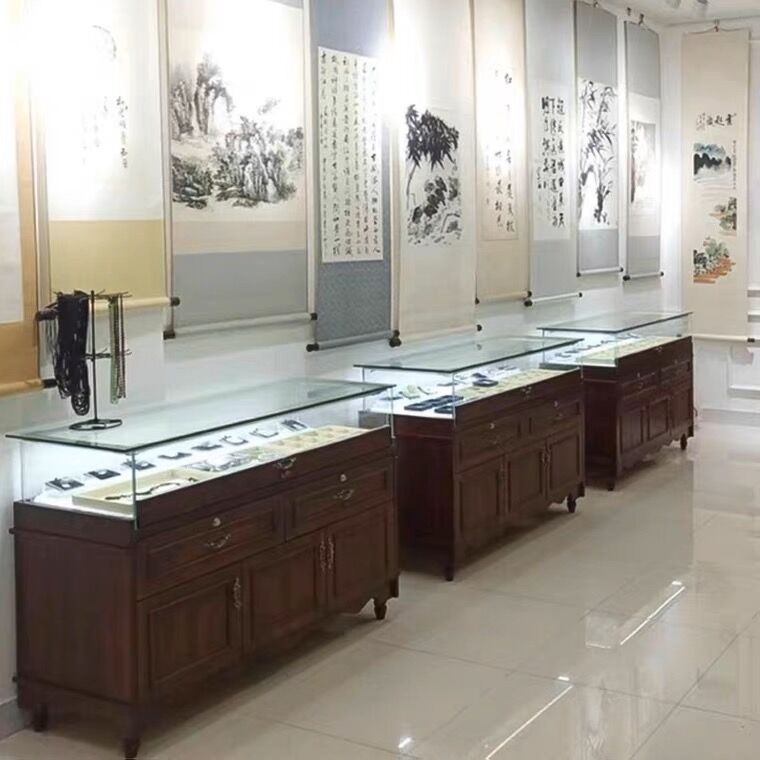复古实木珠宝展示柜玉器玻璃展柜银G饰翡翠饰品柜纪念品陈列柜