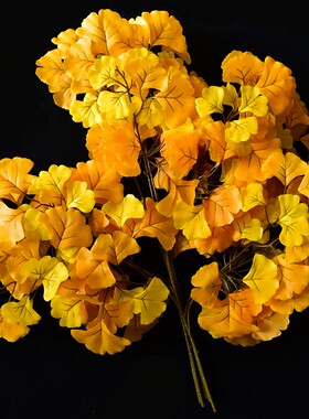仿真银杏树叶黄色叶子大枝过胶假树叶树枝绿N植装饰塑料花假花植