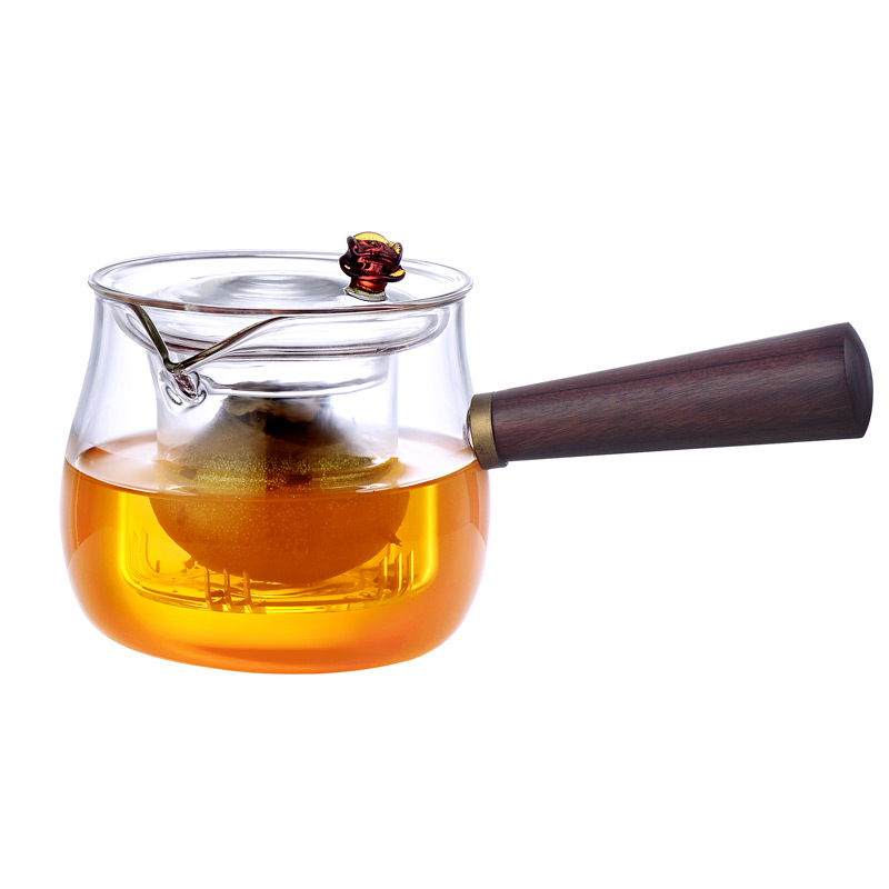 日式耐热玻璃煮茶壶 侧把耐高温加厚花茶L壶 迷你实木把手泡茶壶