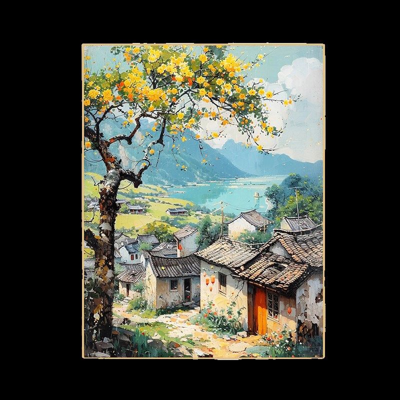 怀旧diy数f字油画填充填色丙烯画风景图农村客厅餐厅手绘挂画油画