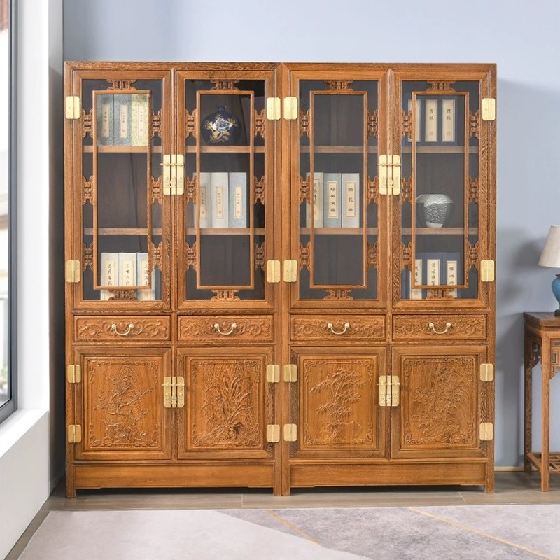 实木书橱鸡翅木书柜实木展示柜中式陈列柜防尘玻璃门落地收纳书架