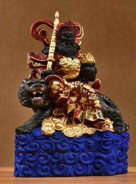 实木雕刻彩绘骑虎赵公明神像摆件新中式武财神家居客厅办公装饰品