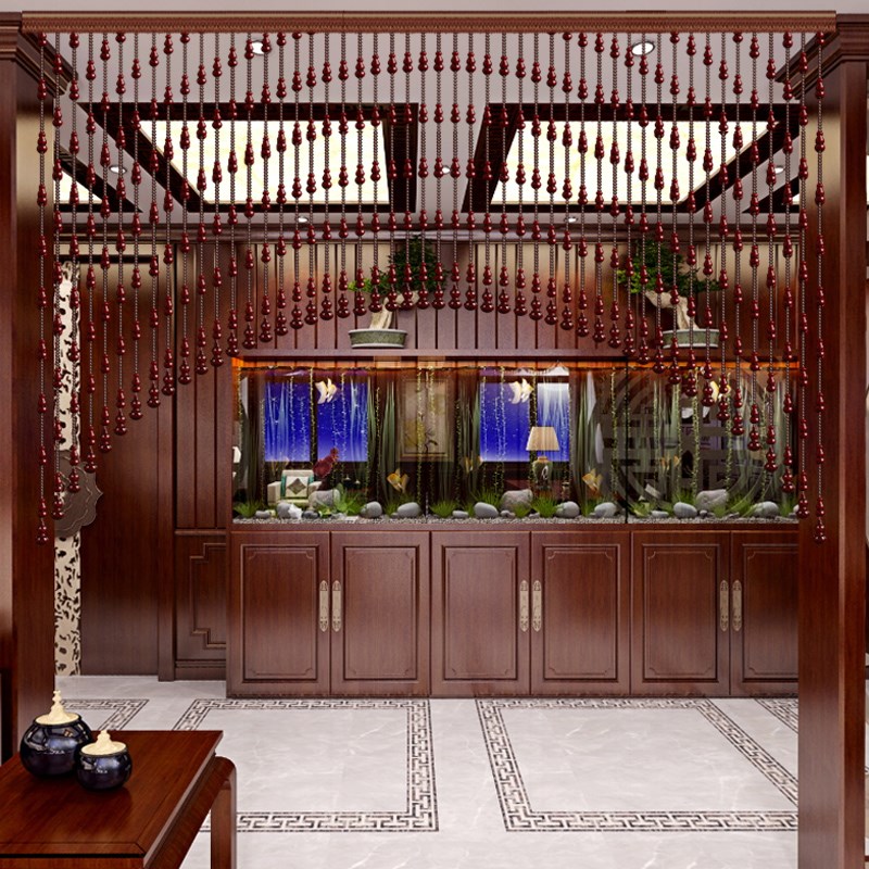 水晶桃木葫芦珠帘免打孔支撑杆五帝钱卧室门帘隔断玄关装饰挂帘子