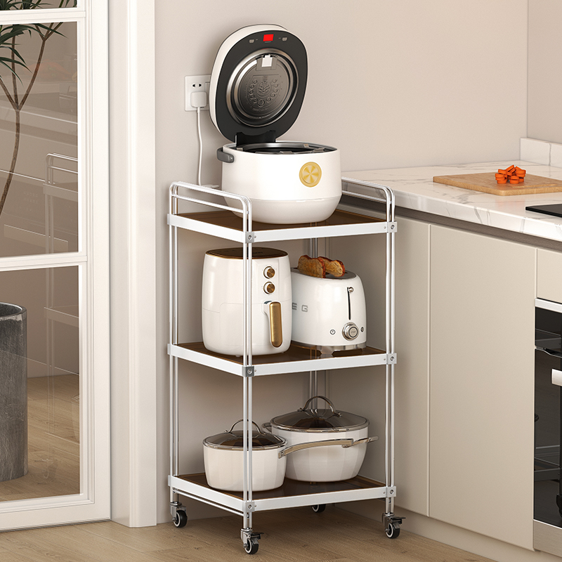 不锈钢厨房置物架三层钢化玻璃多层落地电器微波炉烤箱架子储物架