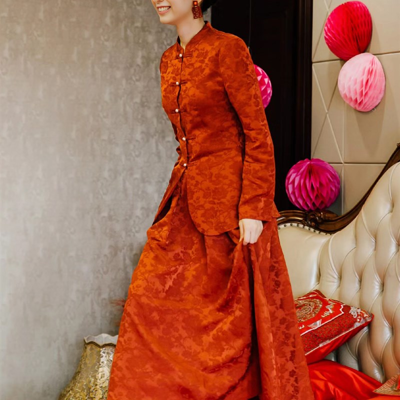 敬酒服2024新款中式晨袍新娘红色订婚礼服裙女结婚秋冬回门宴旗袍