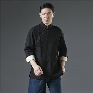 新中式春夏季款国风改良汉服中袖立领盘扣复古唐装男士茶禅意上衣