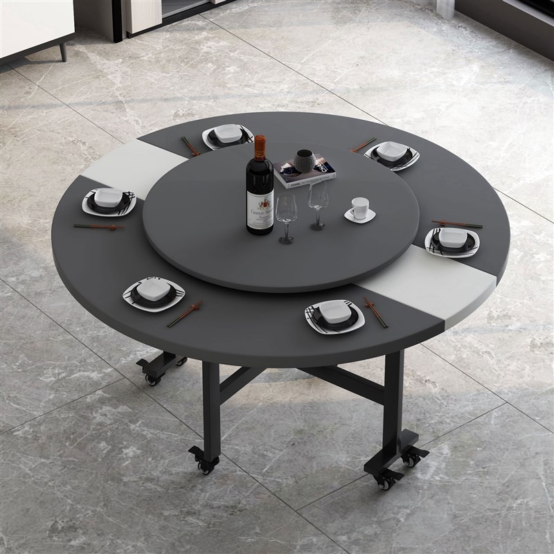 餐桌可摺叠家用摺叠桌北欧风转盘大桌子圆桌客厅饭桌移动简易桌子