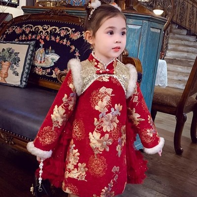 女童新中式旗袍连衣裙冬季2024新款女孩加绒长袖新年过年拜年礼服