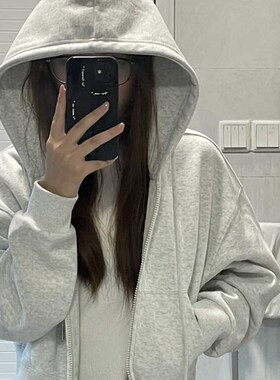重磅纯棉灰色短款肯豆风卫衣外套女2025新款春秋薄款连帽拉链开衫