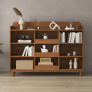 书架置物架落地家用儿童书柜简易胡桃木格子柜组合实木学生收纳柜