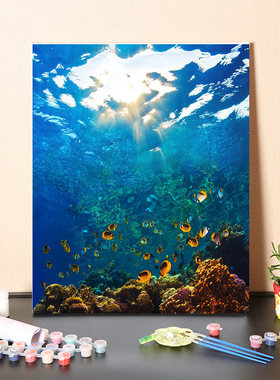 数字油画diy填充海底世界手工填色海鱼热带鱼风景涂色丙烯油彩画
