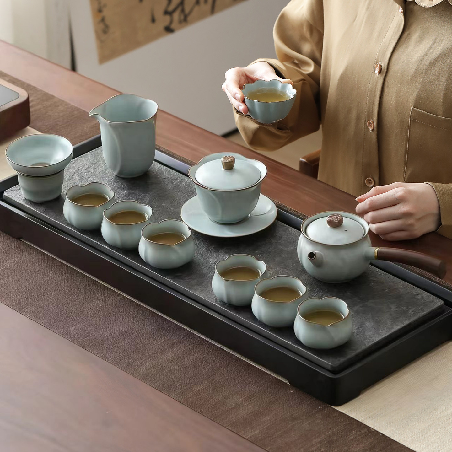 天青汝窑开片功夫茶具套装茶杯茶壶盖碗陶瓷礼盒装送领导伴手礼品