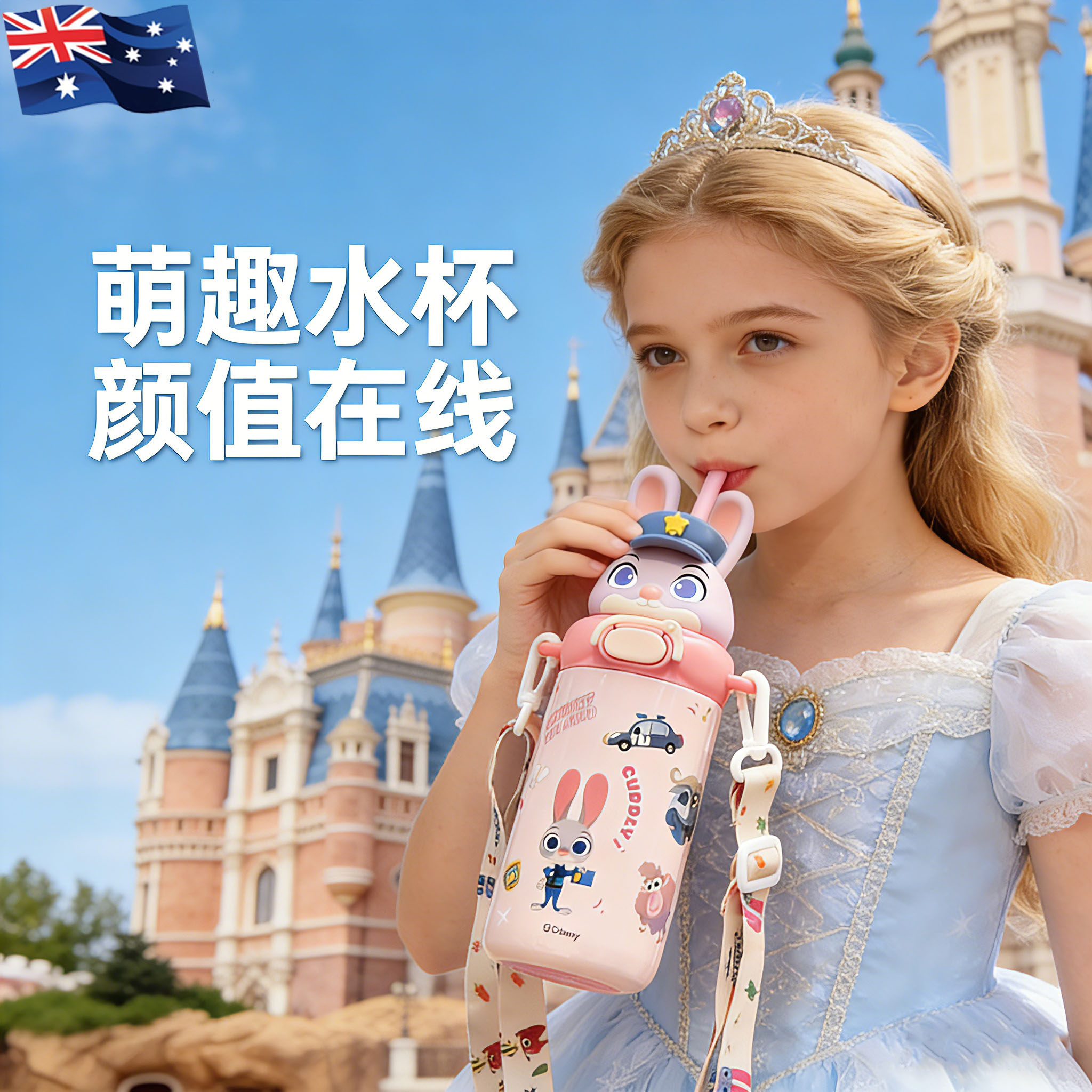 澳洲高颜值吸管杯上学专用背带水杯幼儿园朱迪尼克儿童保温杯新款