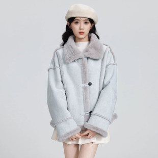 蓝色麂皮绒毛茸茸的外套女冬2025新款加绒加厚皮毛上衣