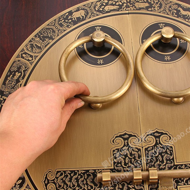 仿古大门纯铜门环拉手中式木门门栓铜插销把O手明装搭扣锁圆形门