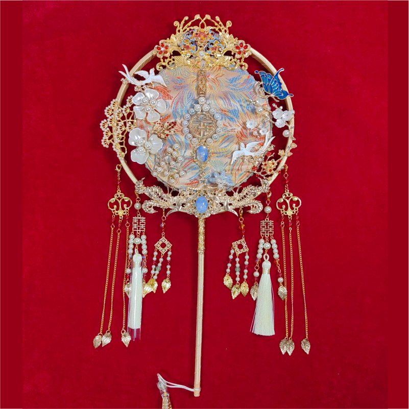 结婚秀禾喜扇婚礼出嫁手工宫扇子双面蓝色秀禾新娘S团扇diy材料包