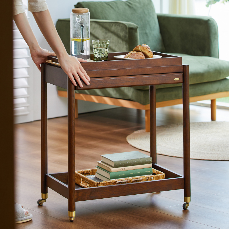 美式实木餐车小推车家H用移动厨房茶水车商用酒水车酒店餐厅手推