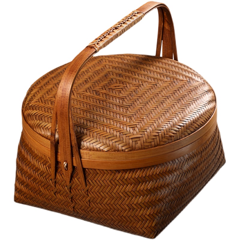 纯手工竹编大漆提篮 家用带盖茶具收纳筐 竹筐 储物竹Y篮子 水果