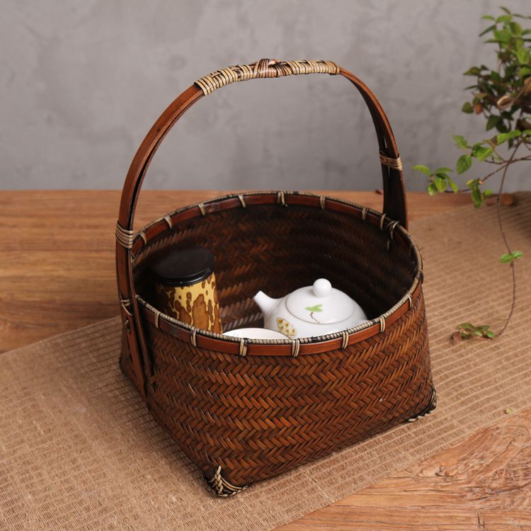 竹制品竹b编收纳筐提篮纯手工手提小篮子编织竹篮复古茶道收纳包