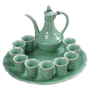 竹叶浮雕酒壶家用A中式 青瓷酒具套装 陶瓷白酒杯小酒盅仿古分酒器